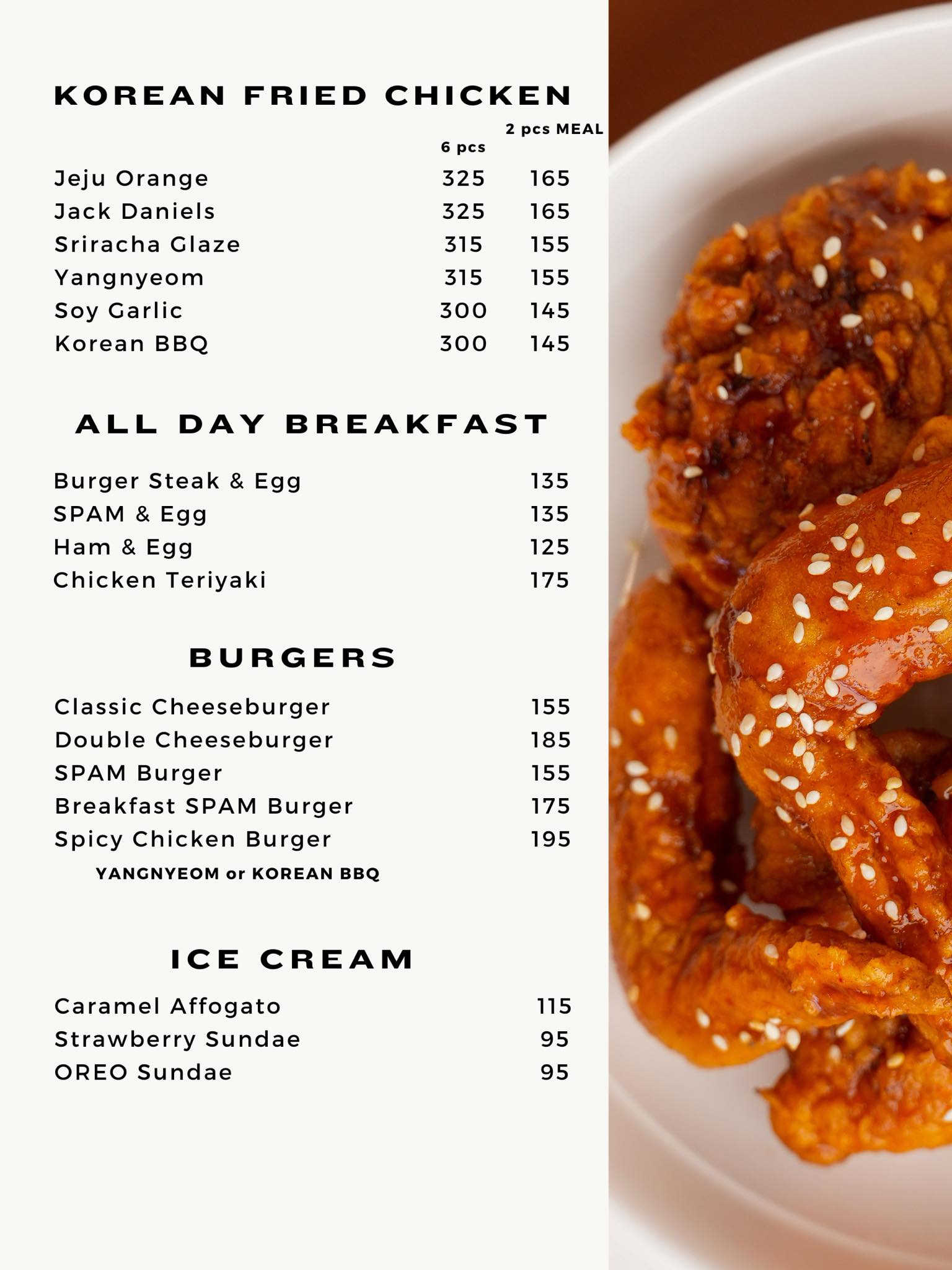 Korean Fried Chicken Menu